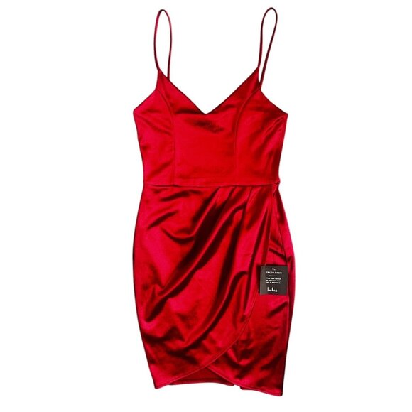 Lulus Forever Your Girl Red Wine Satin Mini Dress Draped Skirt Tulip Hem S - Picture 4 of 11